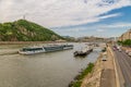 Editorial, Bank of River Danube with trams in Budapest, Hungary